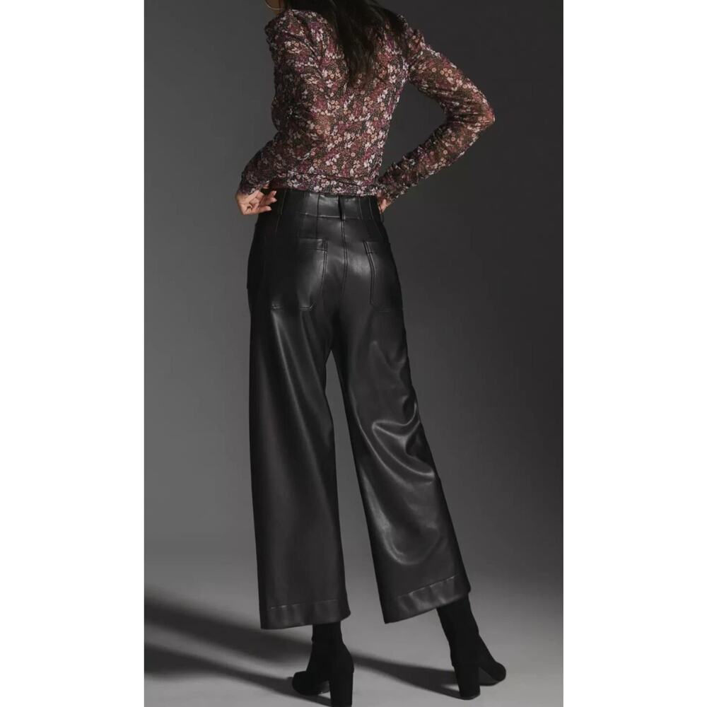 Anthropologie Maeve Colette Black Vegan Leather Wide‑Leg Crop Pants – Sz 28 NWT - Picture 3 of 11
